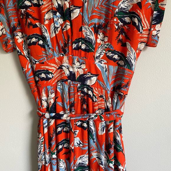 LOFT Womens Floral Short Capped Sleeve Button Down Dress with Belt in Red Size 6 - Picture 14 of 15